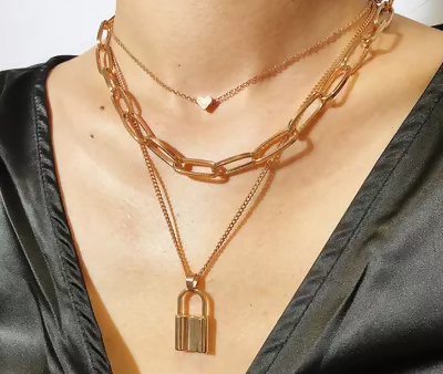 Pinapes Stainless Steel Layered Portrait Lock Pendant Chunky Thick Cuban Link Chains Choker Necklaces for Women Online Sale