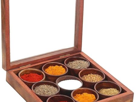 Zavora Wooden Masala Box & Spice Jar ( 9 Round Containers ) Online Hot Sale