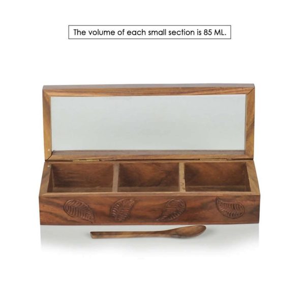 Wooden Spice Box with 3 Compartments (Rectangular Shape) Online now