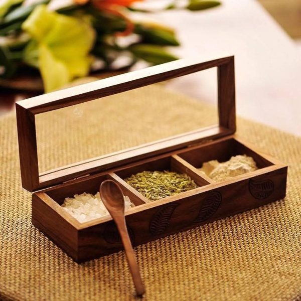 Wooden Spice Box with 3 Compartments (Rectangular Shape) Online now